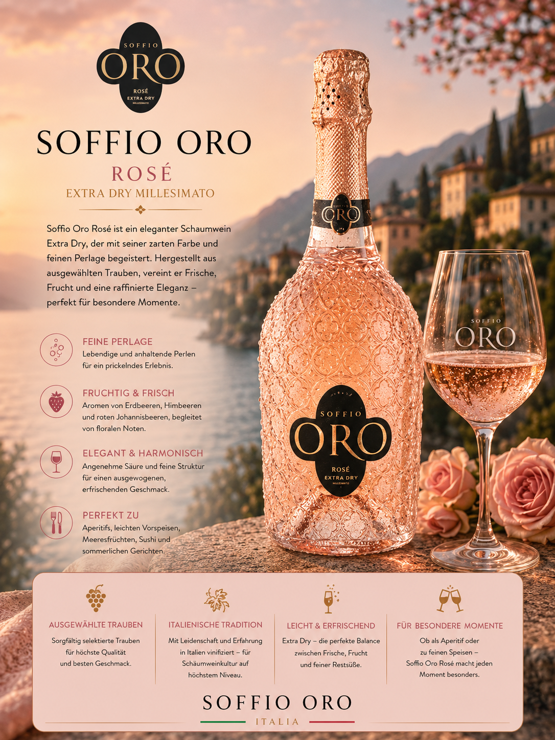 Rosé, Sekt, Flasche, Glas, Italien