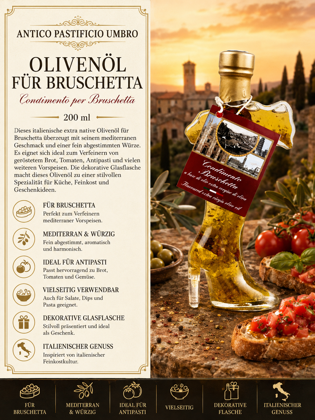 Olivenöl, Bruschetta-Öl, Glassflasche, Decorative Flasche, 200 ml