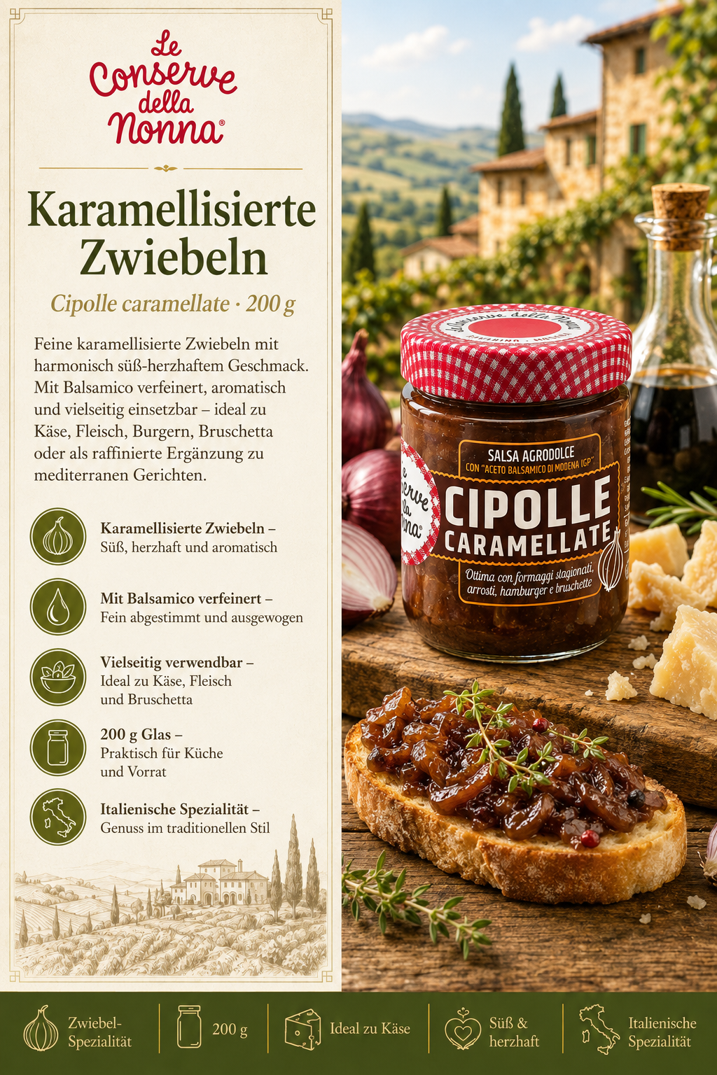 Karamellisierte Zwiebeln, Zwiebelsauce, Caramellierte Zwiebeln, Brotaufstrich, 200 g Glas