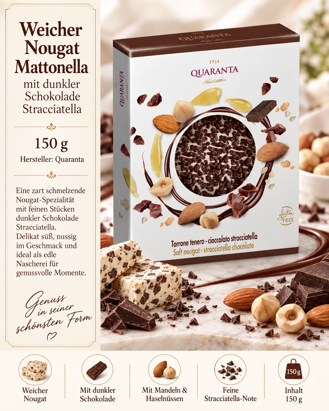 Weicher Nougat, mit dunkler Schokolade, Stracciatella, Haselnüsse, 150 g