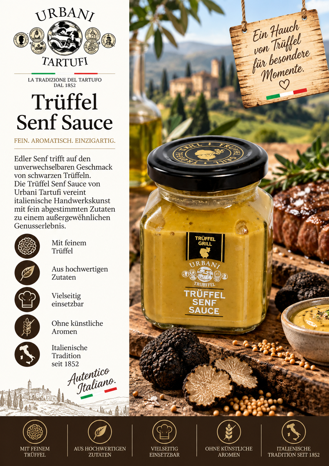 Trüffel, Senf, Sauce, Glas, Italienisch