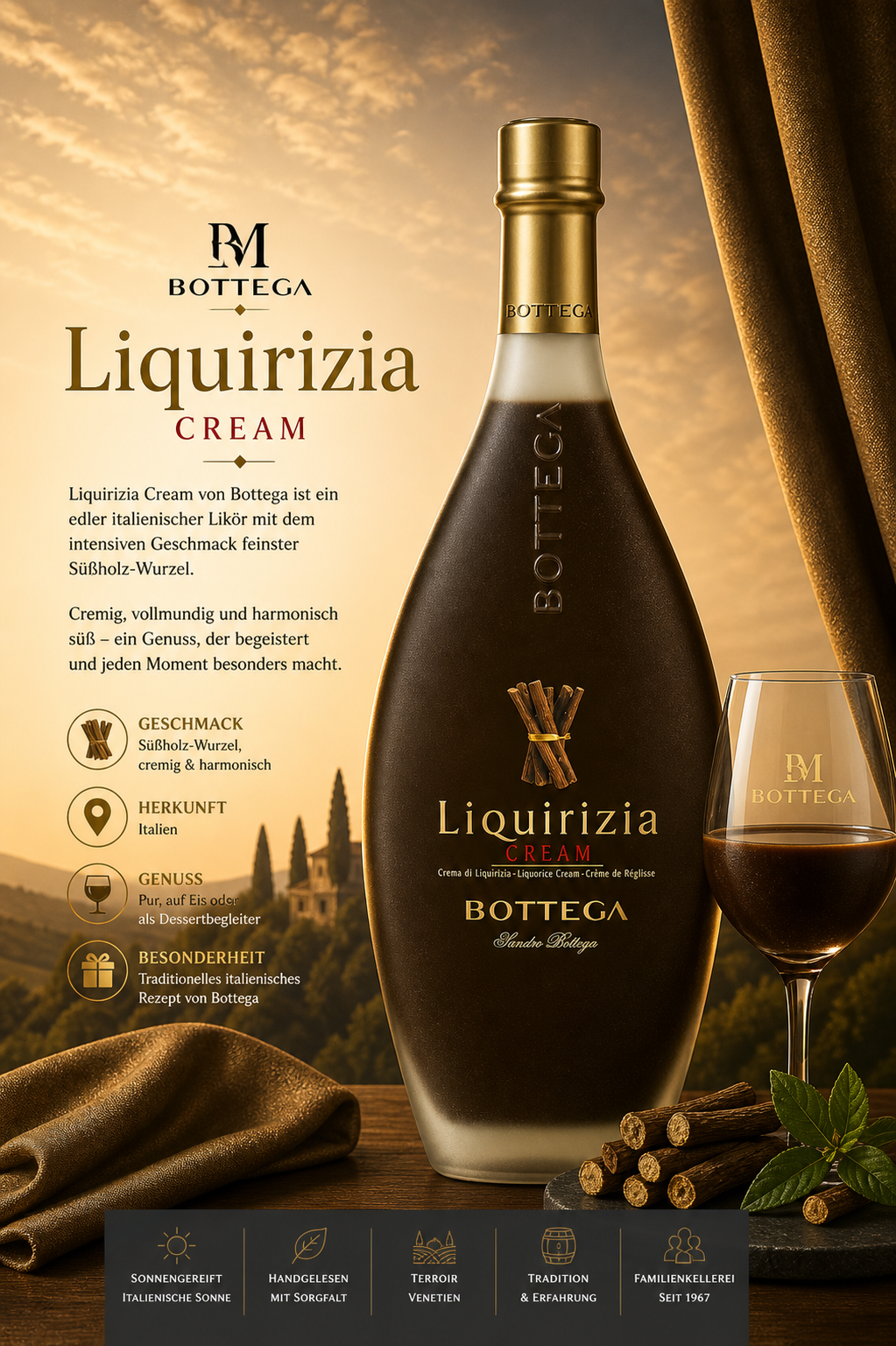  Likør, Likörsahne, Flasche, braune Flasche, Weinglas
