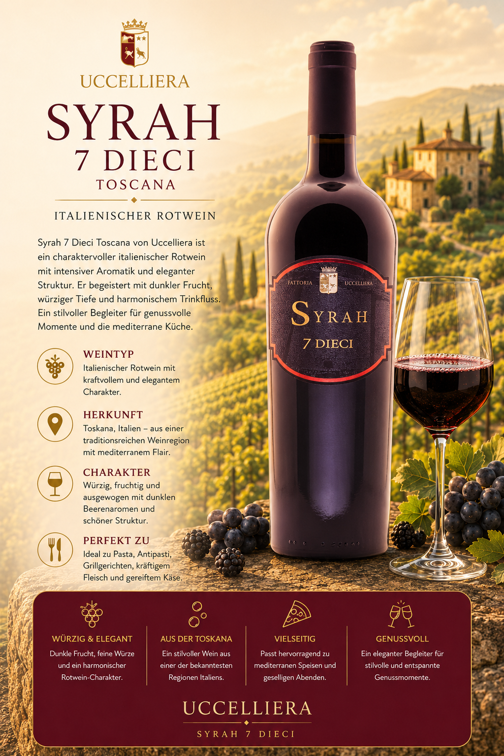 Syrah, Rotwein, 7 Dieci, Toscana, Flasche