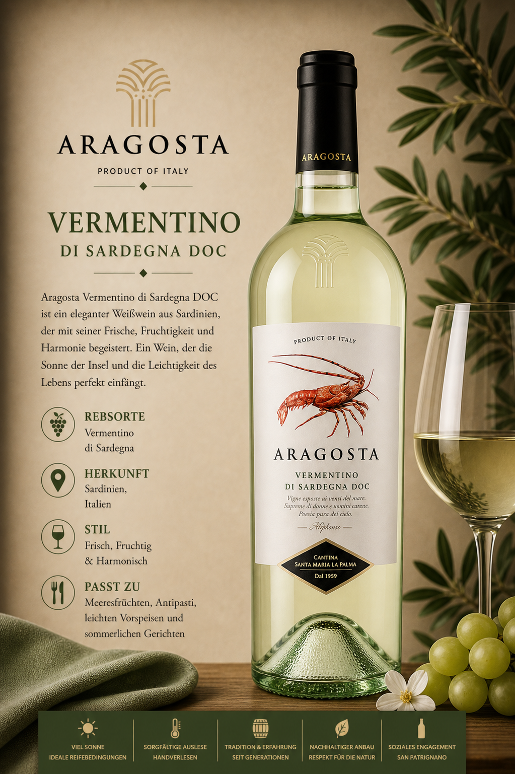 Vermentino, Weißwein, Sardinien, Aragosta, Flasche