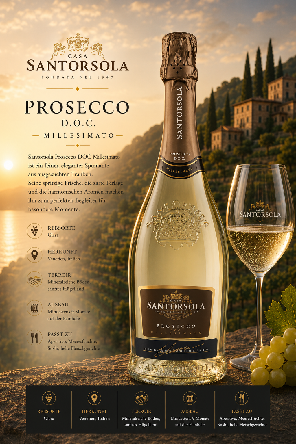 Prosecco, Sekt, Flasche, Glas, Italienischer Wein