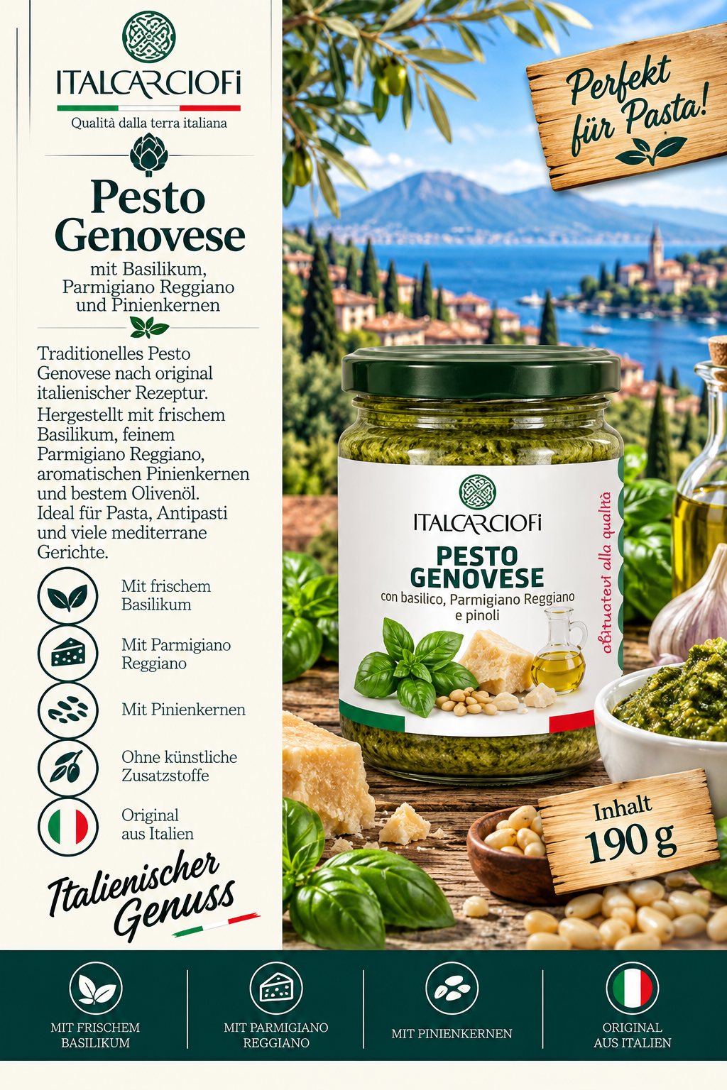Pesto Genovese, Basilikum, Parmesan, Pinienkerne, Glas jar