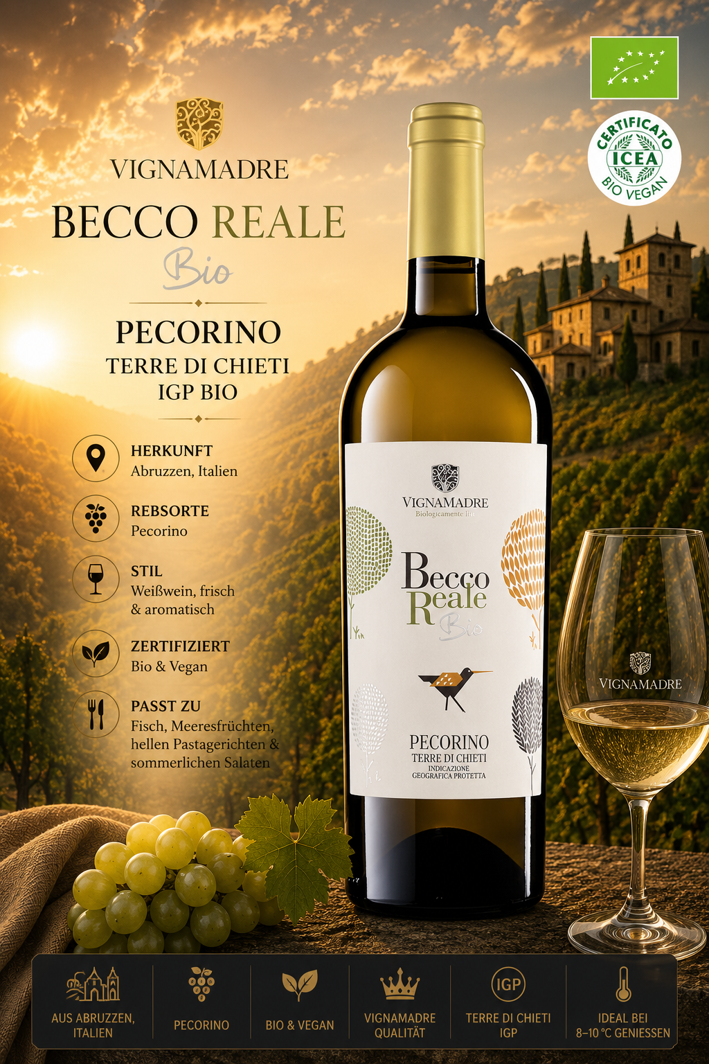Weißwein, Pecorino, Bio, IgP Bio, Glaswein