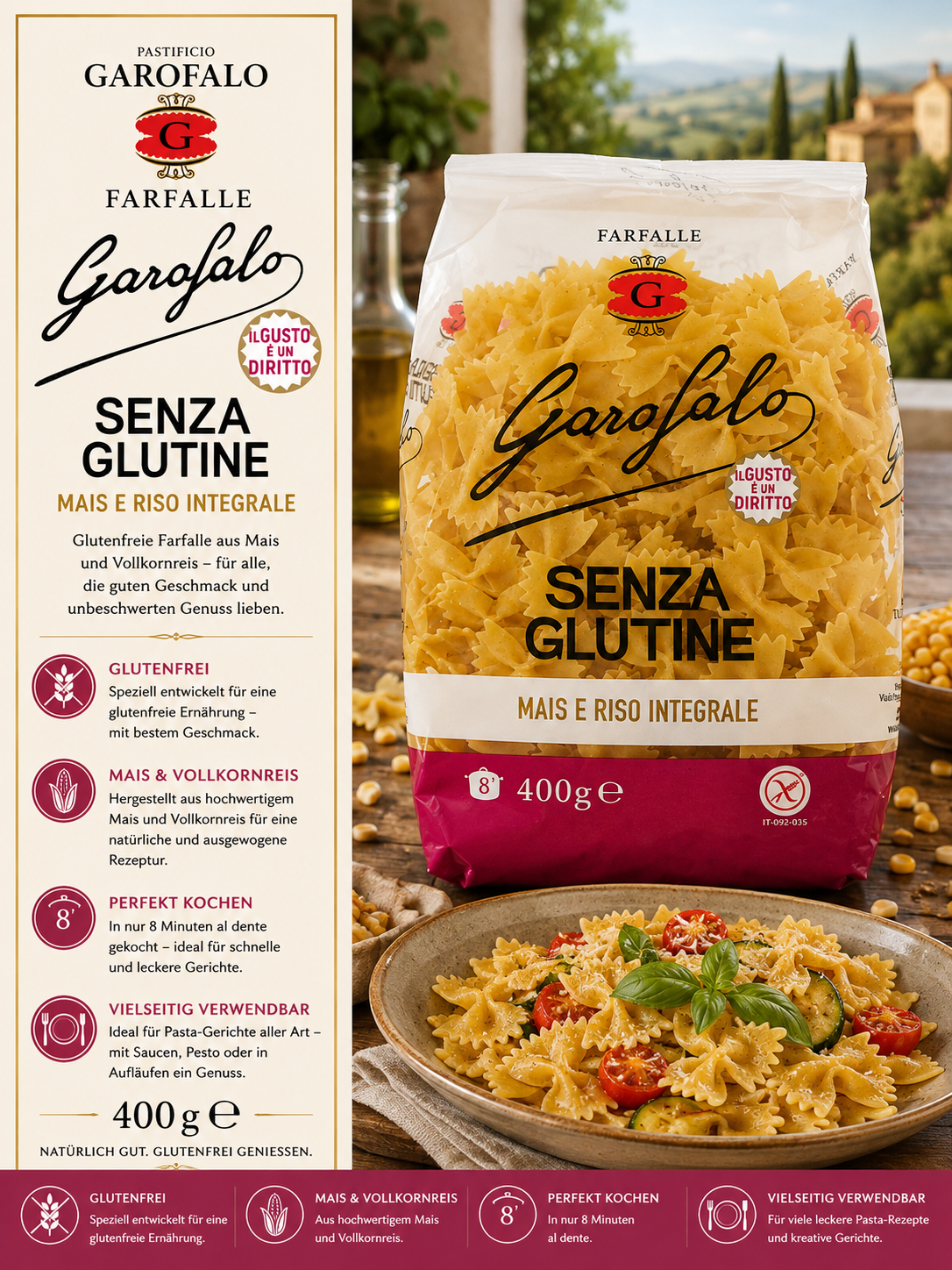 Pasta, Farfalline, Glutenfrei, Mais e Riso Integrale, 400 g