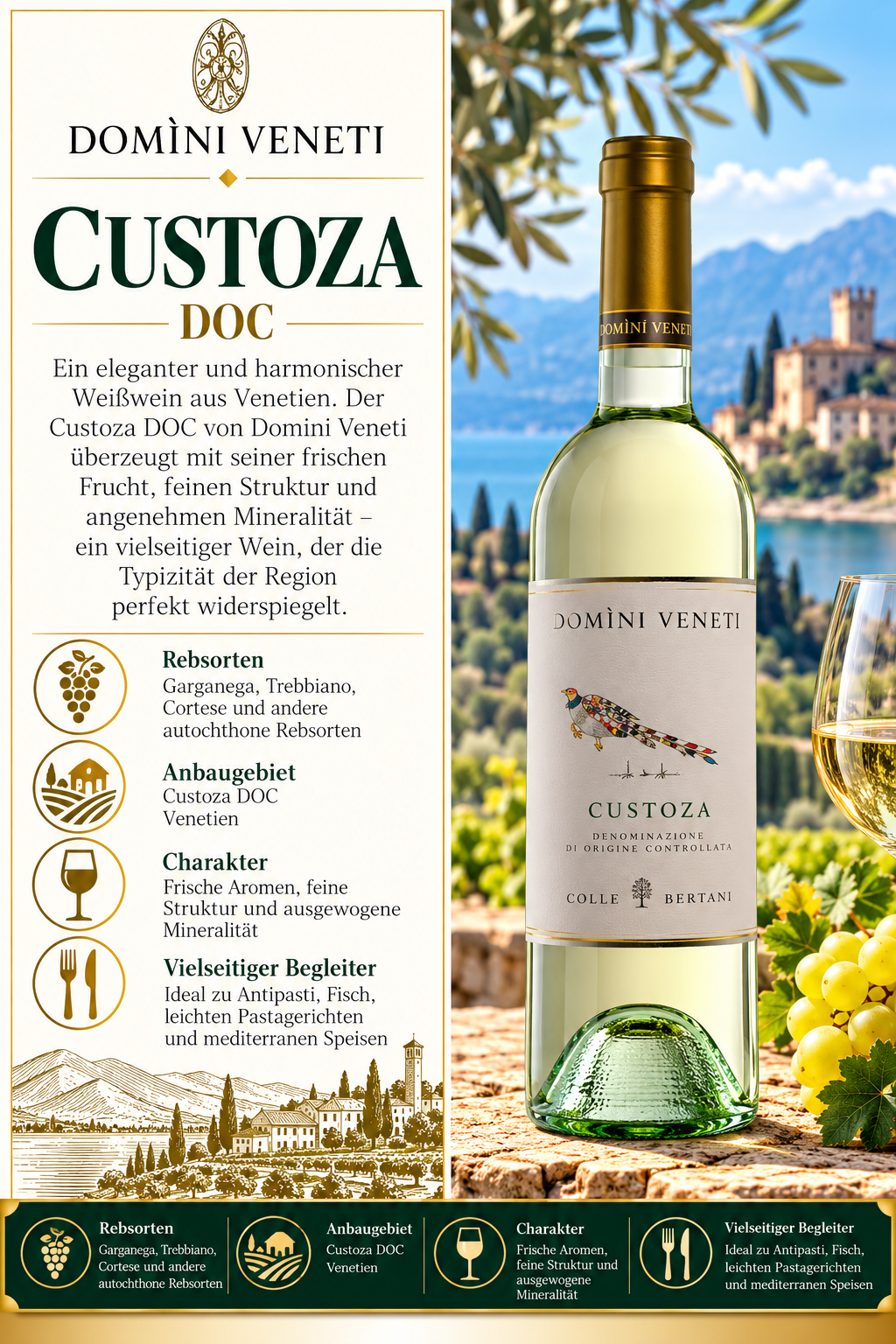 Weißwein, Custoza, Flasche, Glasaufbau, Etikett