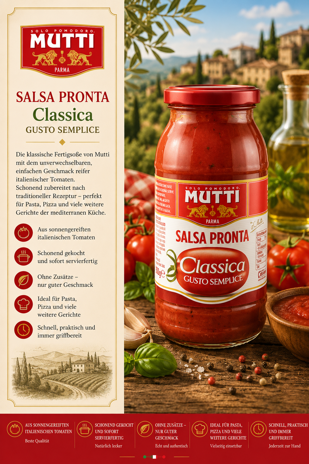 Salsa Pronta, Classica, Tomatenbasierte Sauce, Glas jar, Rot
