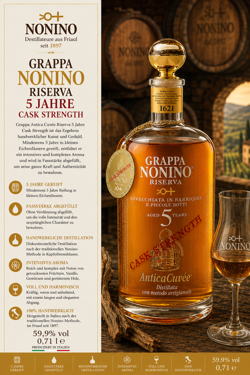 Grappa, Riserva, Cask Strength, AnticaCuveé, 5 Jahre