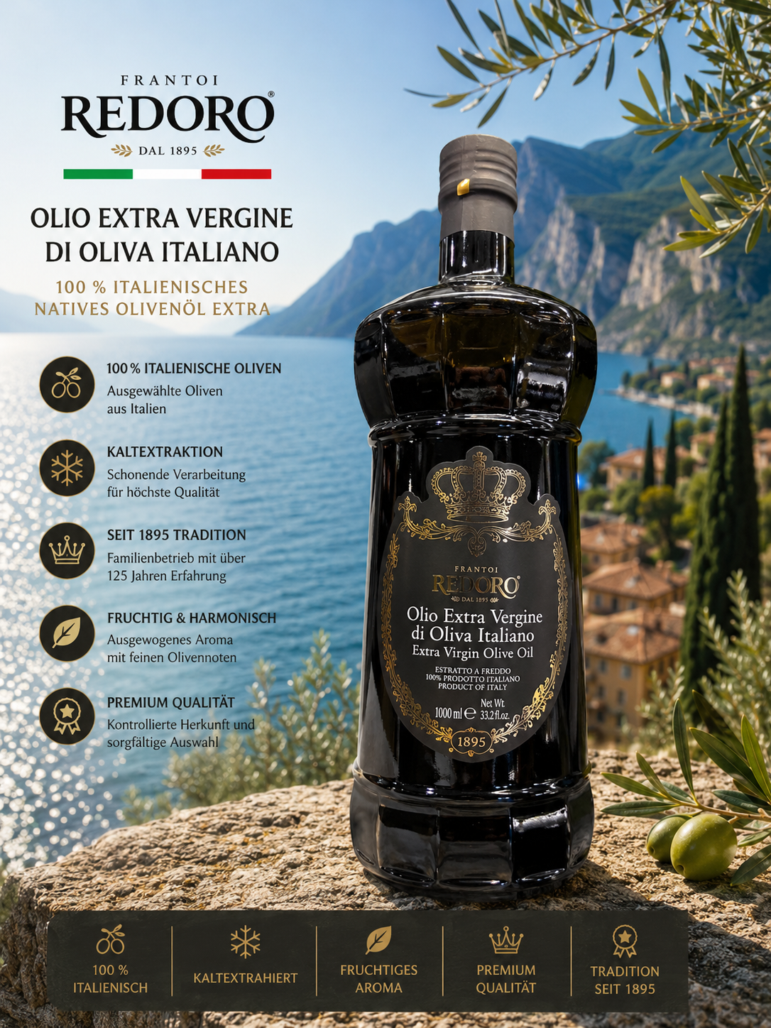  Olivenöl, Extra vergine, Glasflasche, dunkle Flasche, italienisches Produkt