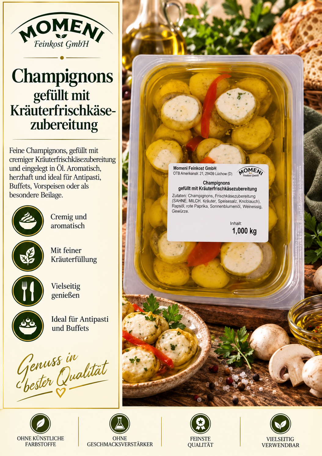 Champignons, gefüllte Champignons, Käsefüllung, Kräuter, Olivenöl