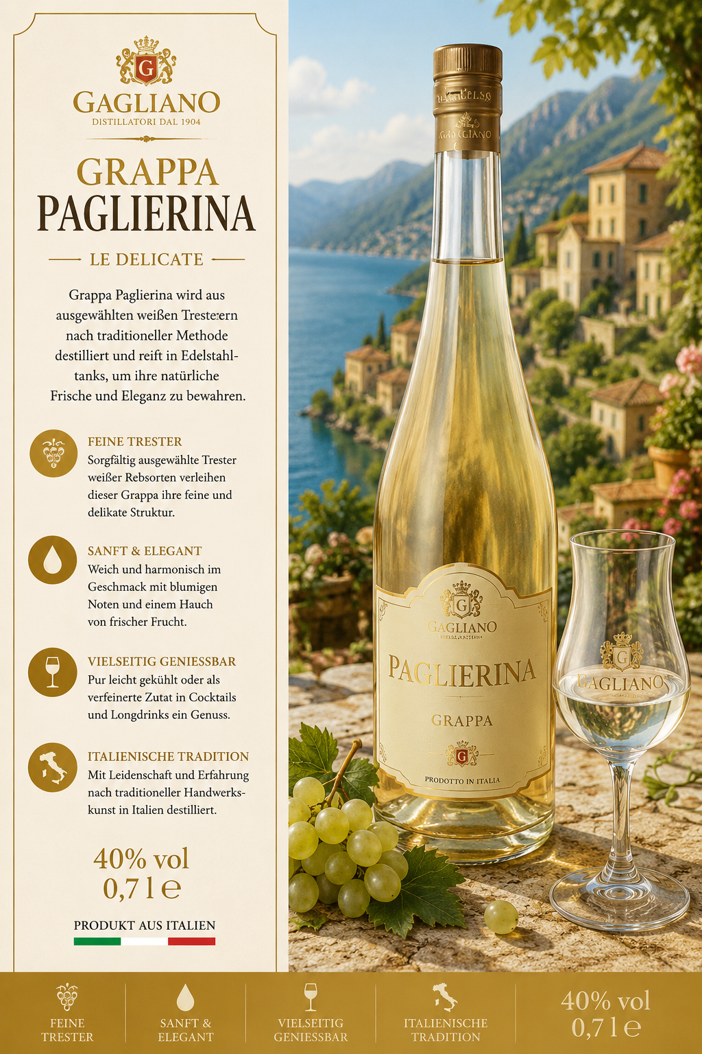 Grappa, Paglierina, Glasflasche, Italienische Trester, 70 cl