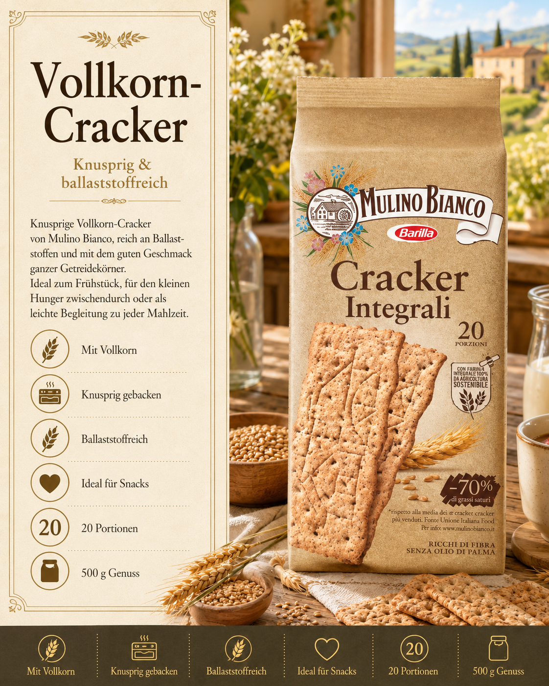 Vollkorn, Cracker, Integral, Barilla, 20 Portionen