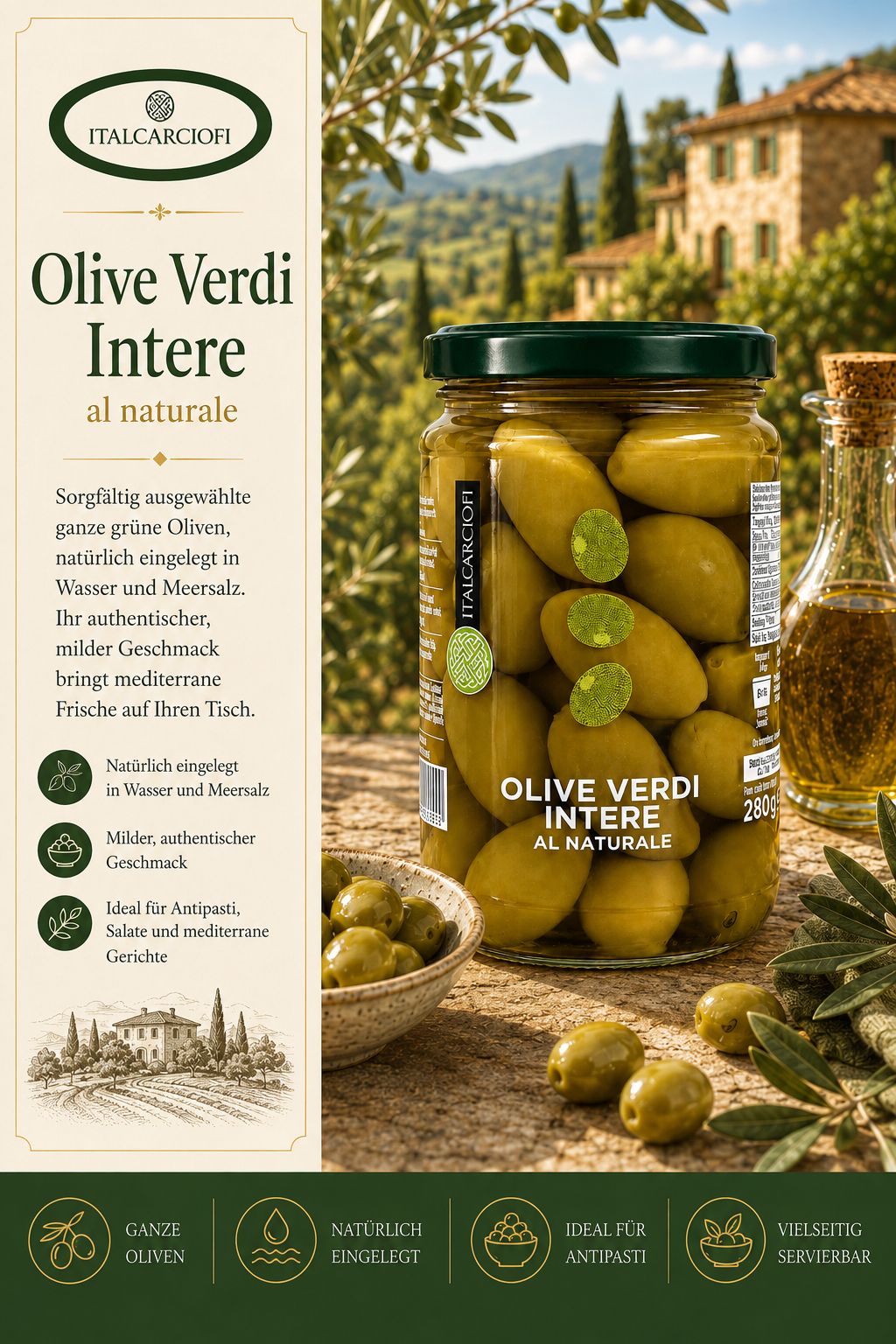 Oliven, Oliven, Glas, Glasjar, Italienisch