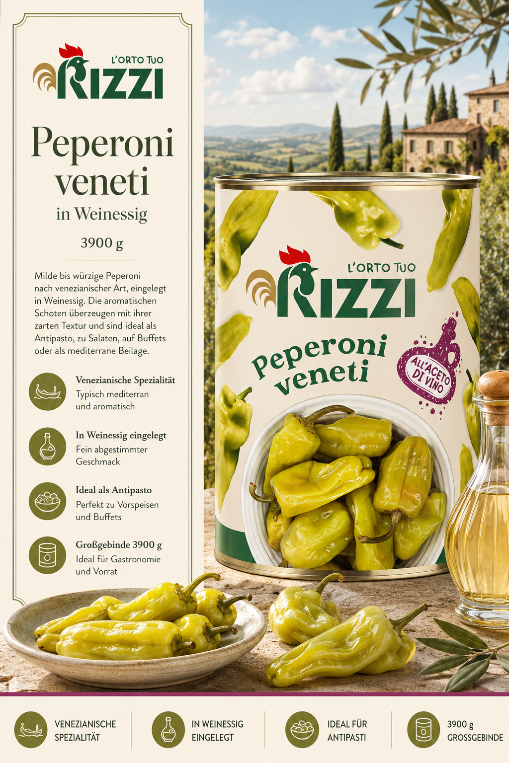 Peperoni, Venetian peppers, Weissing, Großgebinde, Olivenöl (Flasche)