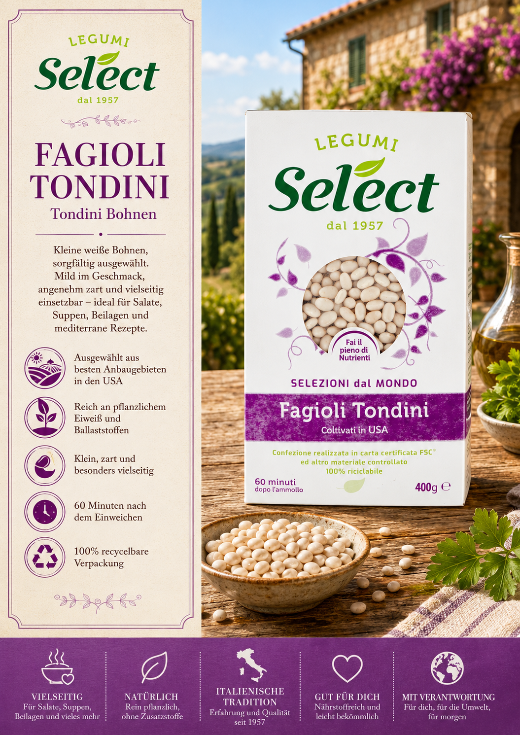 Fagioli, Tondini, Bohnen, Pappeverpackung, Select Legumi