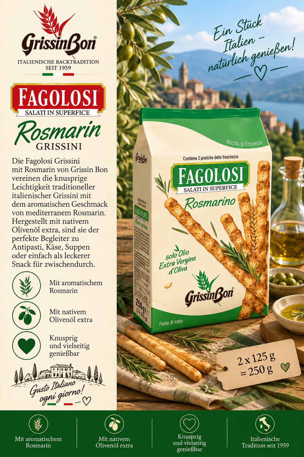Rosmarin, Grissini, Fagolosi, Olivenöl, Käse-Snack