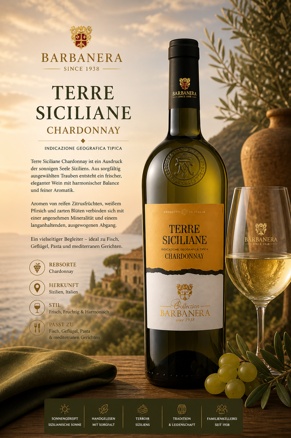 weißwein, chardonnay, terra siciliane, barbanera, flasche