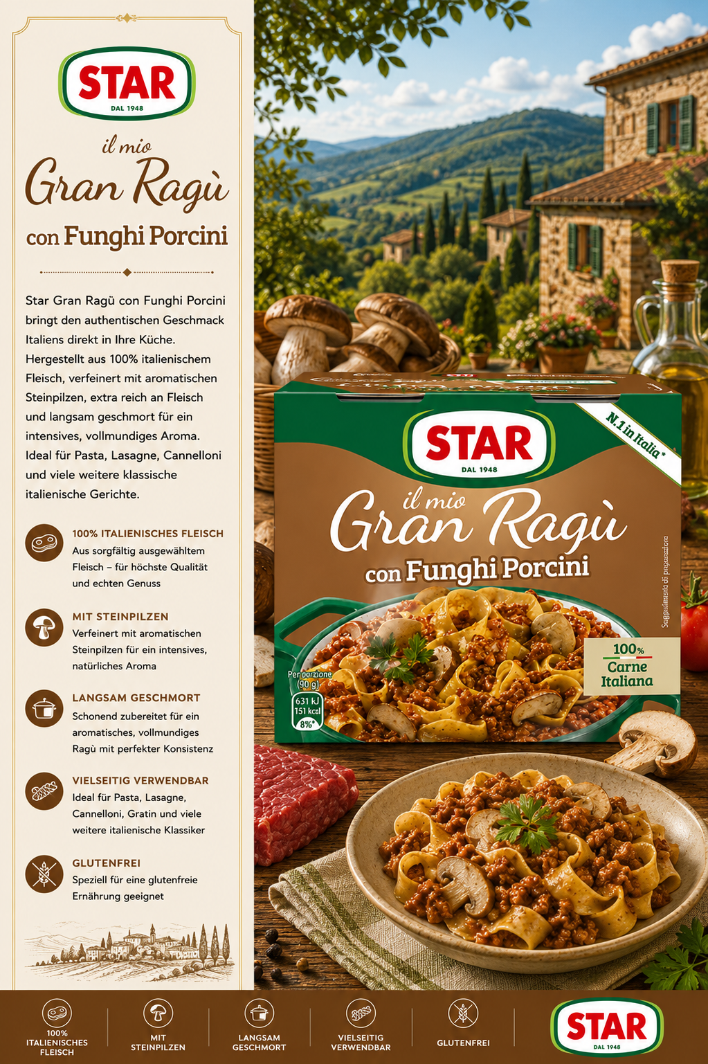 italienische pasta, gran ragu, fungi porcini, pasta mit fleischsauce, italienische soße