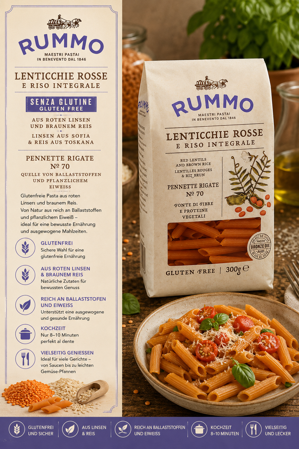 Pasta, Lenticchie rosse, Glutenfrei, Pennette rigate, Riso integrale