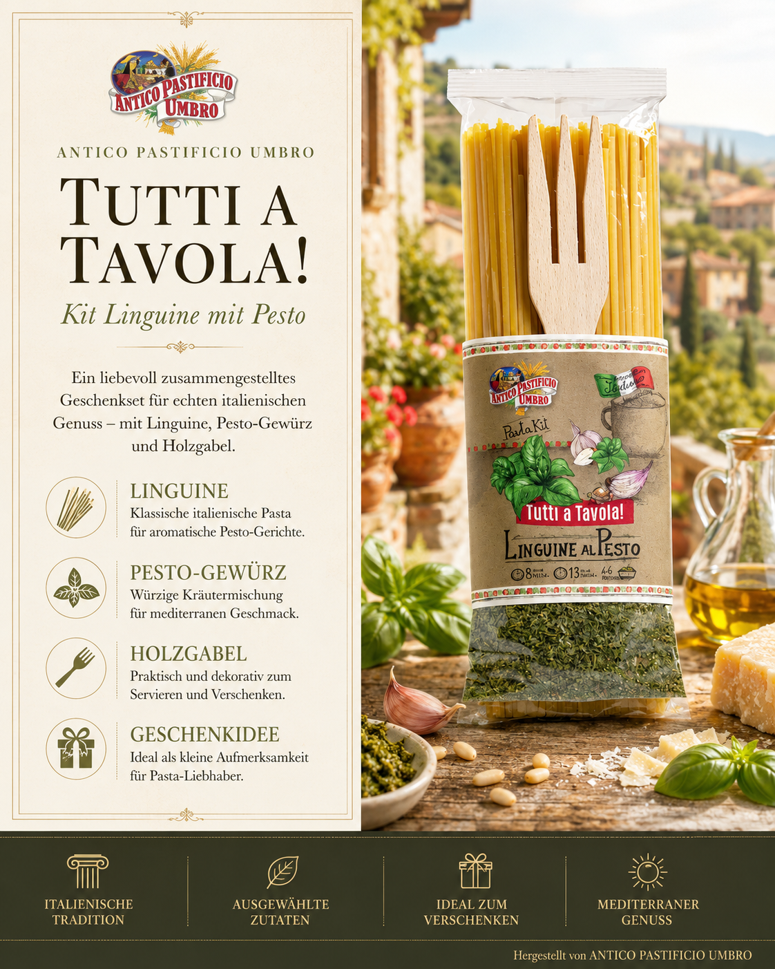 Linguine, Pesto, Holzgabel, Pasta-Kit, Italienisch