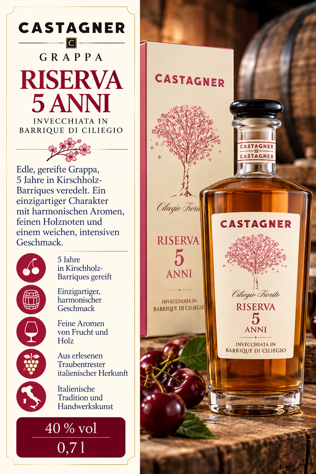 Grappa, Riserva 5 Anni, Kirschholz-Barriques, Glasflasche, Holzfass Alter