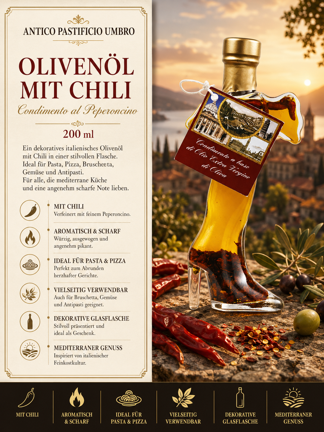Olivenöl, Chili, Glasflasche, 200 ml, Italienisch