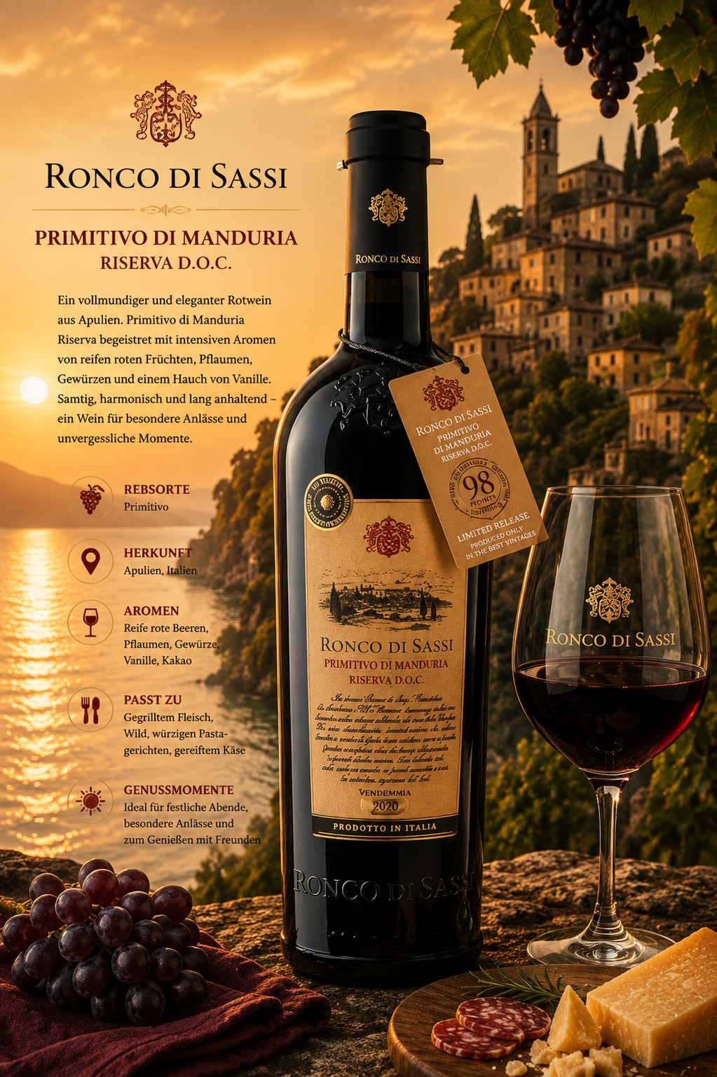 Rotwein, Weinflasche, Manufakturwein, Manduria, Vinothek