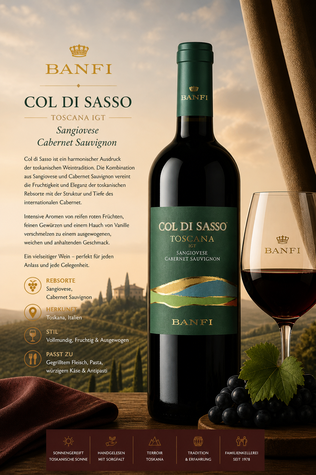 Weinflasche, Rotwein, Cabernet Sauvignon, Toscana, Banfi