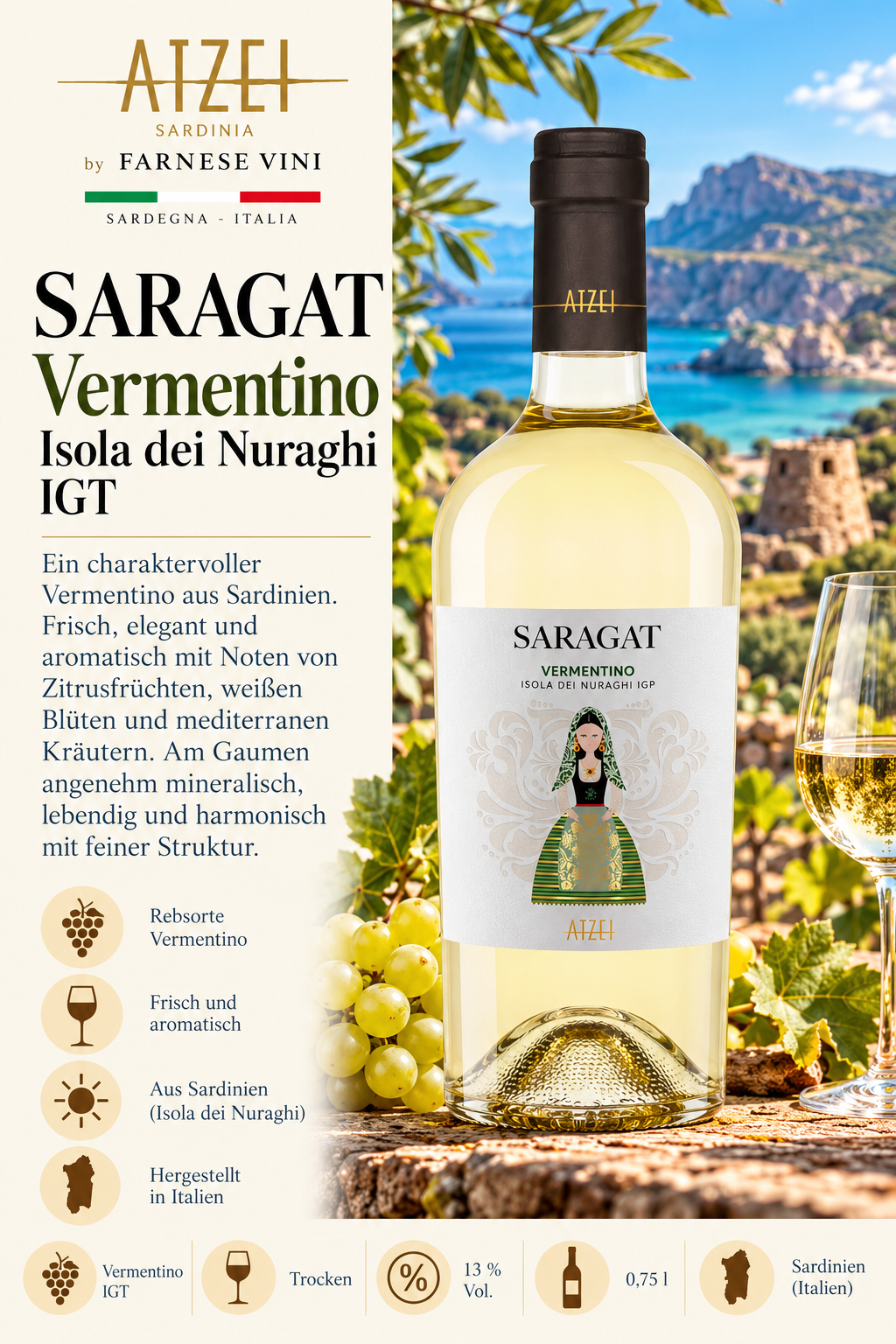 Vermentino, SARAGAT, Isola dei Nuraghi, IGT, Weißwein