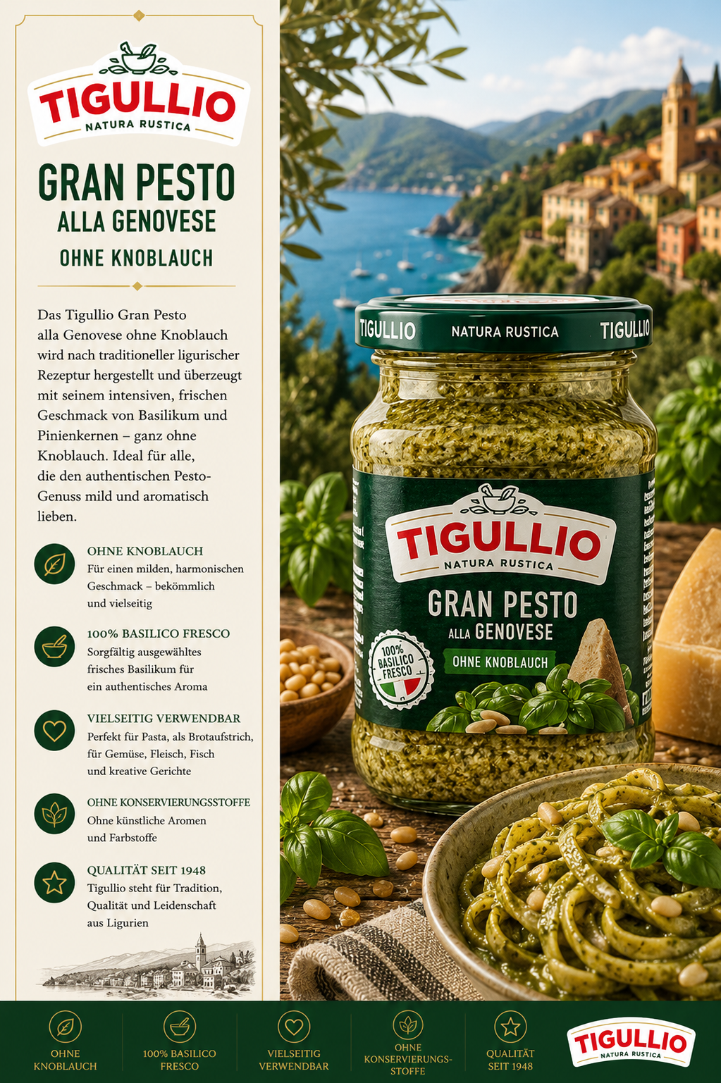 Gran Pesto, Genovese, Basilico Fresco, Ohne Knoblauch, Glas jar