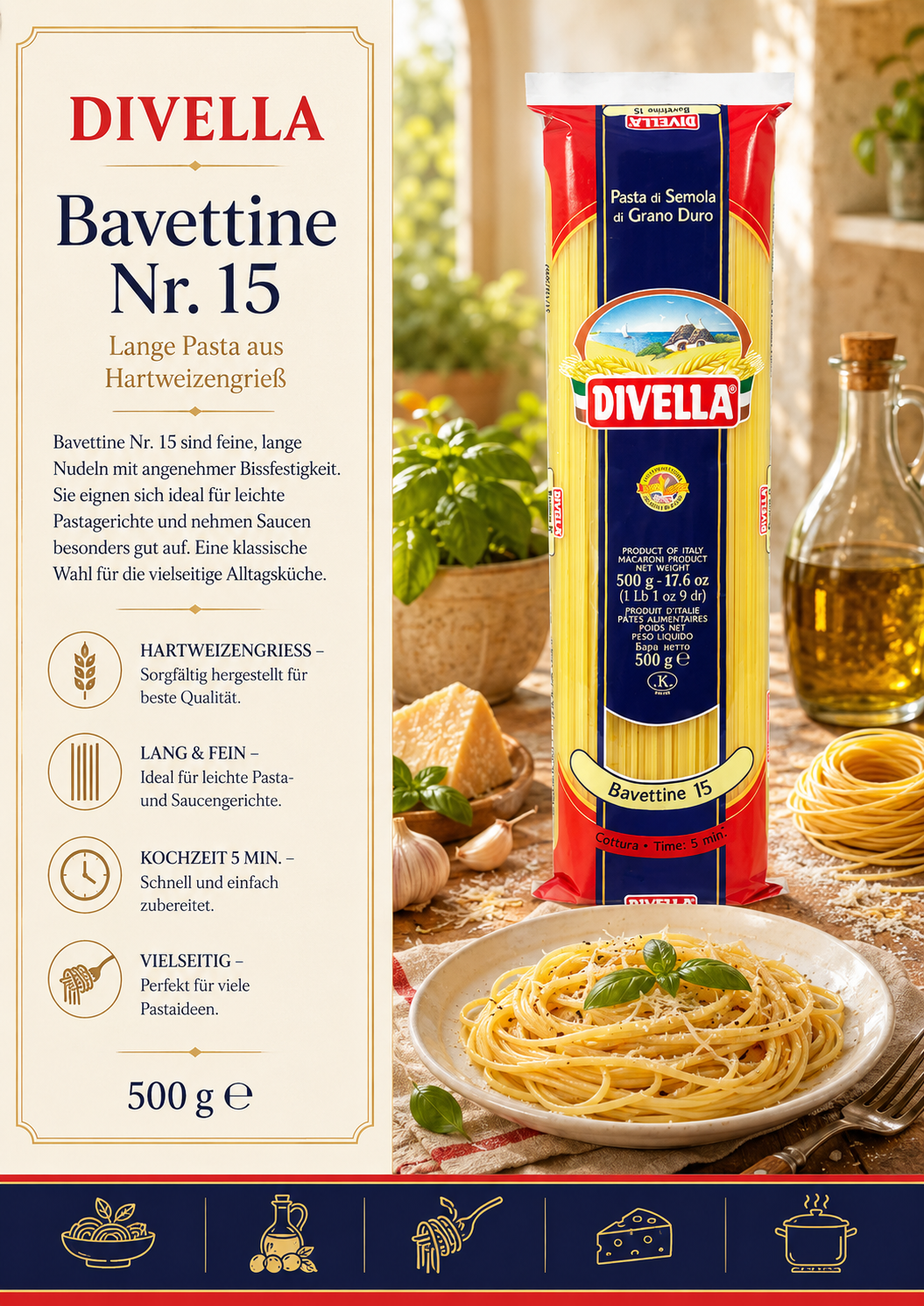 Pasta, Spaghetti, Hartweizengrieß, 500 g, Divella