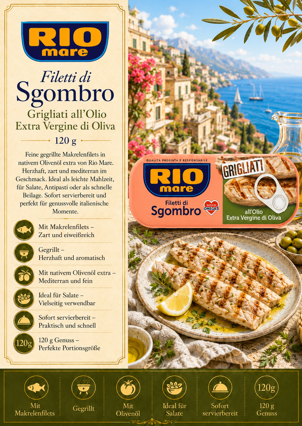 Filetti di sgombro, Olio d'oliva, Grigliati, 120 g, Rio Mare