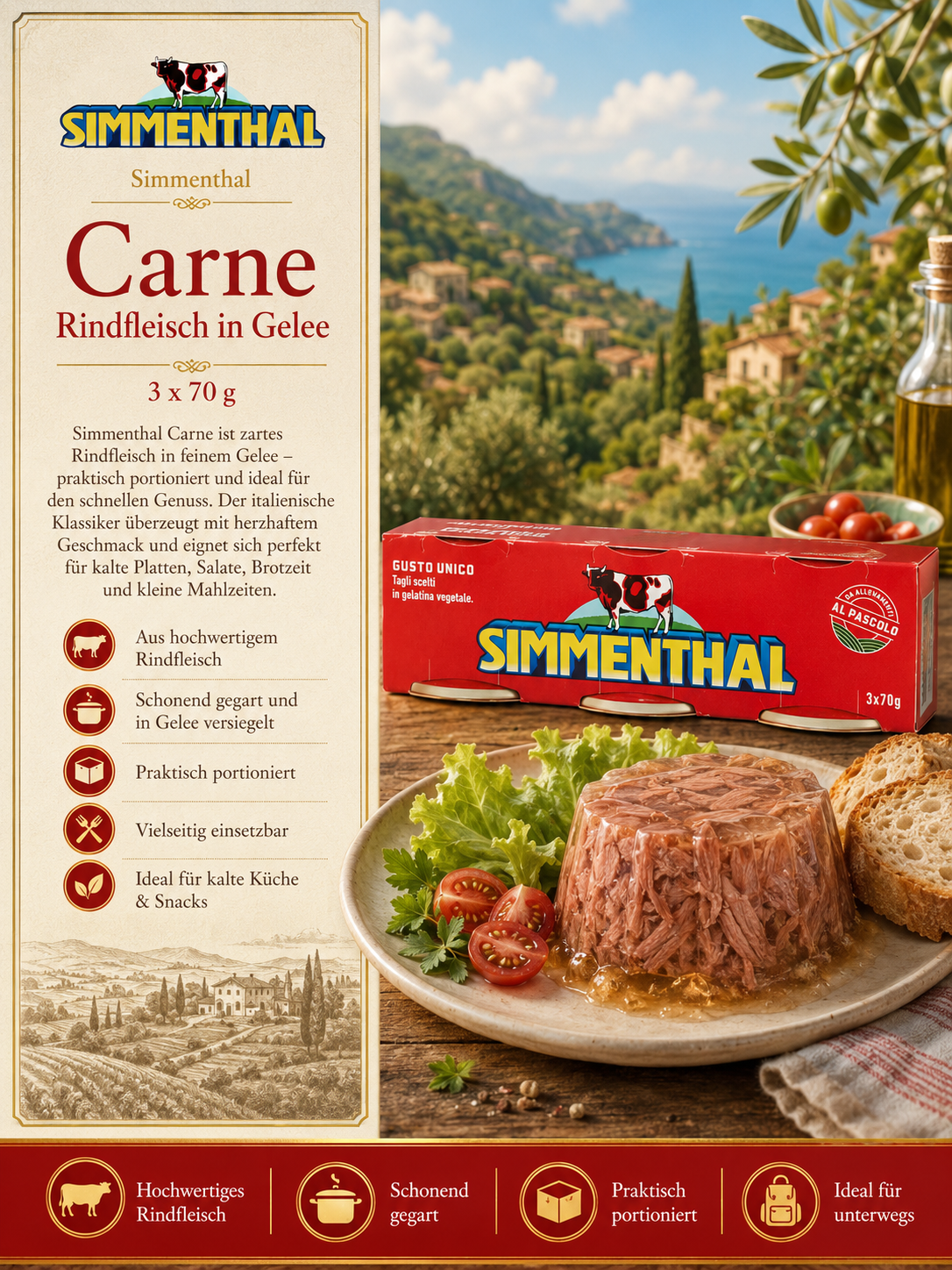 Rindfleisch, Gelee, Konserven, Italienische Gastronomie, 3x70 g