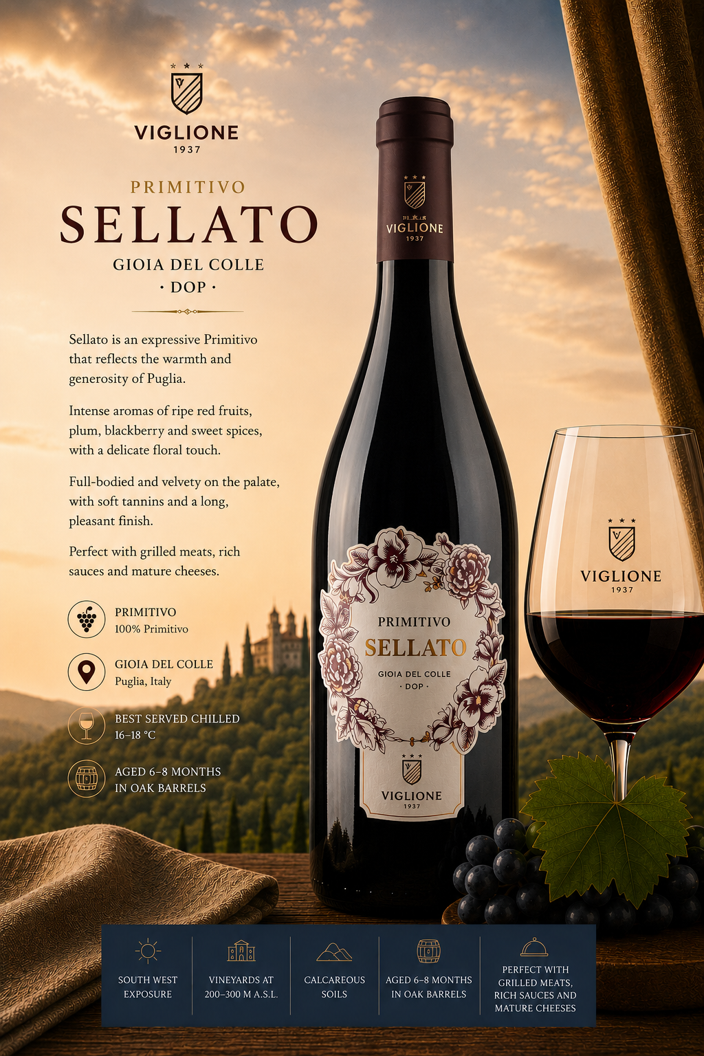 Weinflasche, Primitivo, Sellato, Weinblatt, Glas Wein