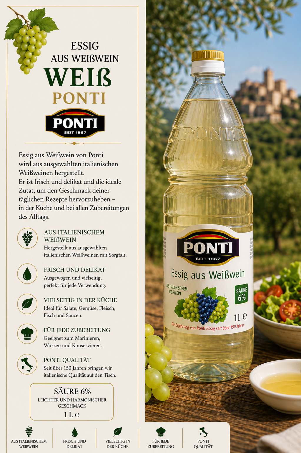 Weißwein, Essig, 1 L, Glasflasche, Ponti