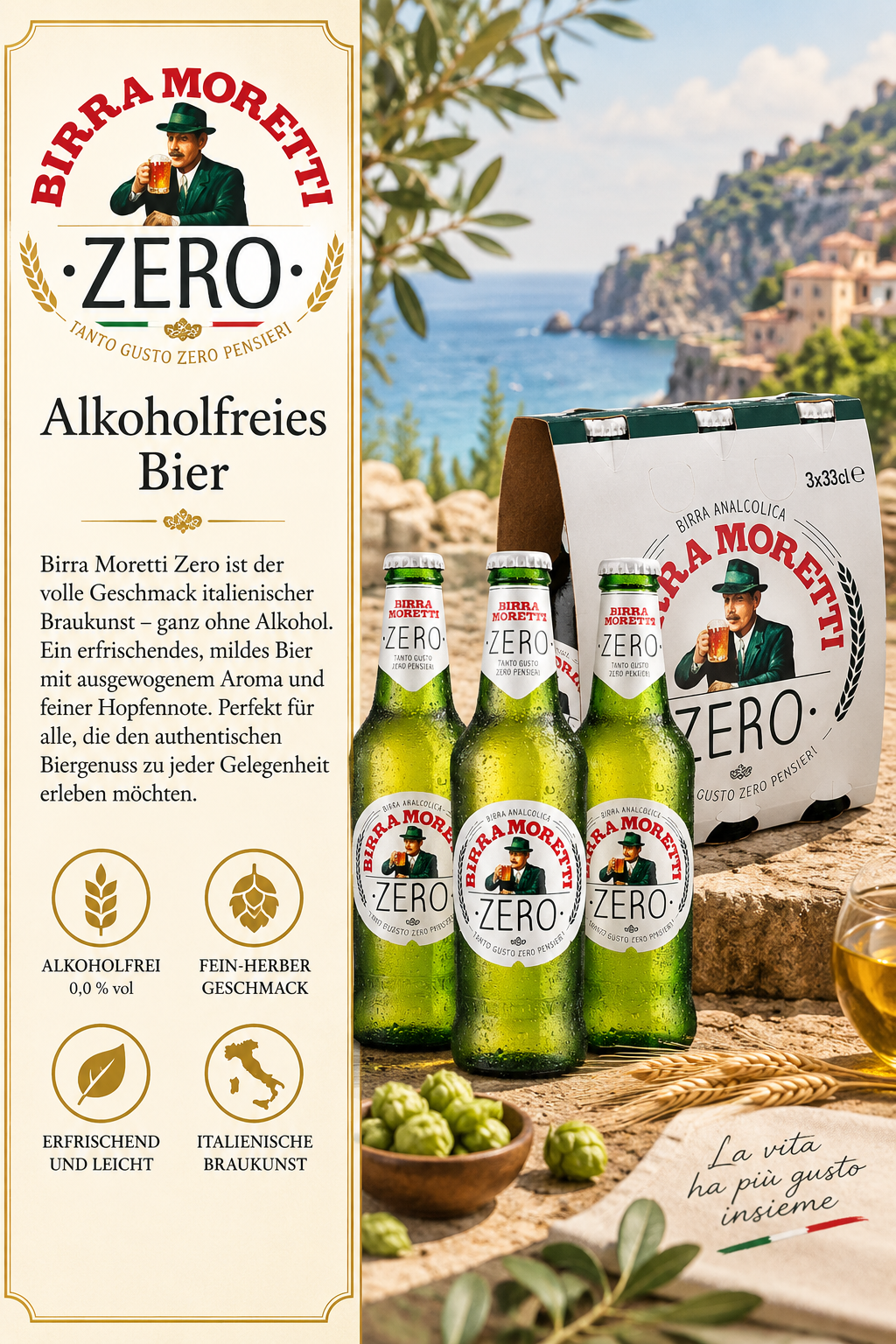 Zero Alkohol, Alkoholfreies Bier, Bierflasche, 6er Pack, Italienische Braukunst