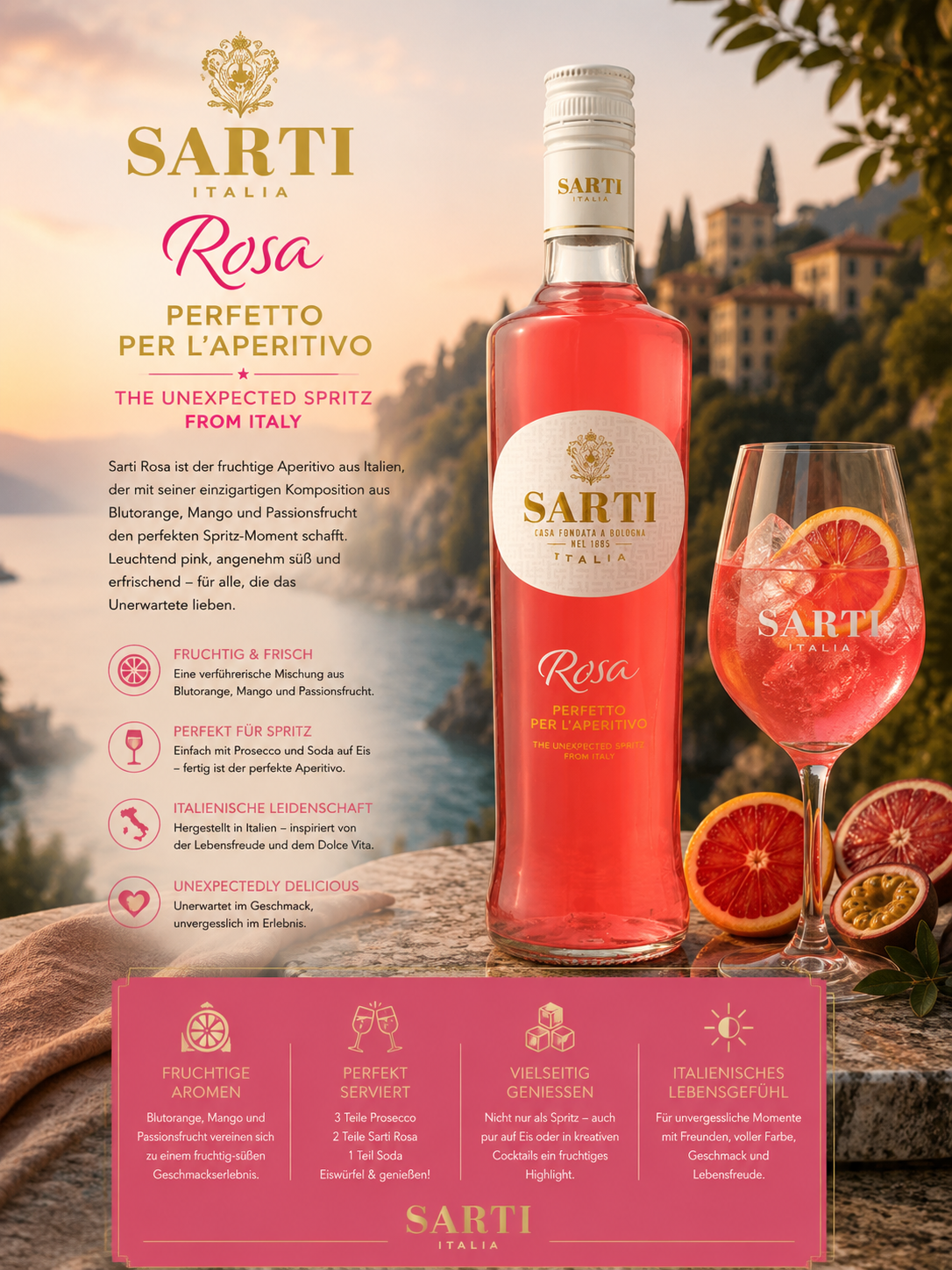 aperitif, Likör, Rosa, Flasche, Glas