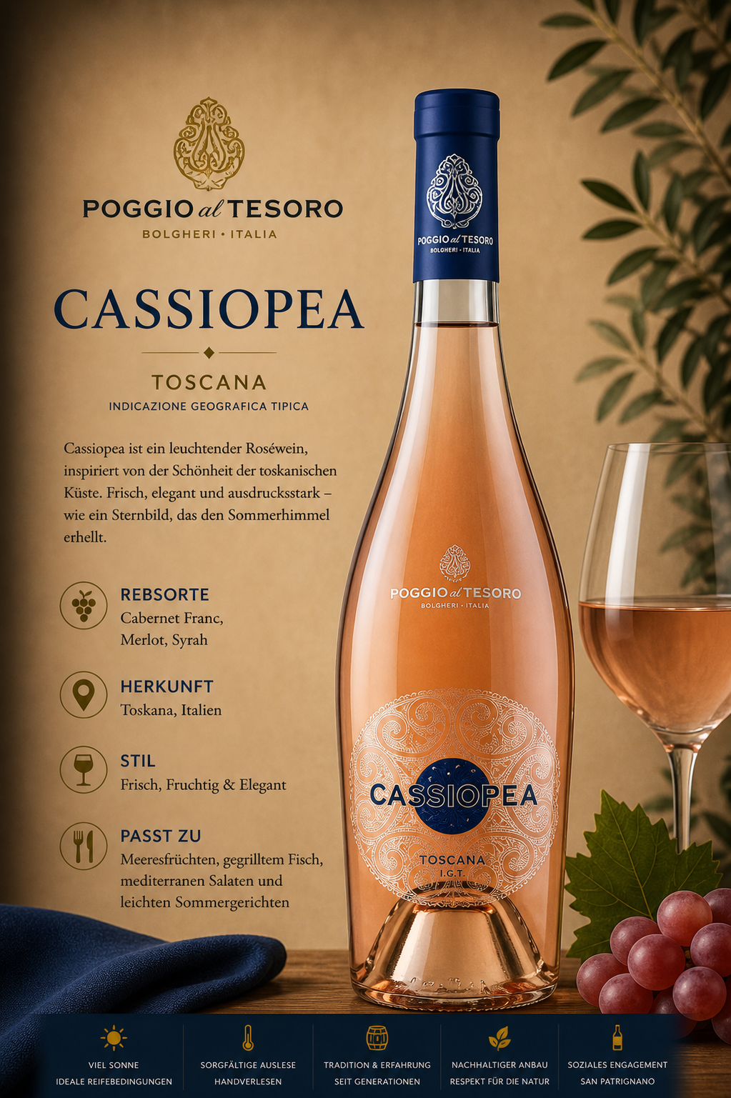Rosé, Weinflasche, Cassiopea, Toskana, Wein Glas
