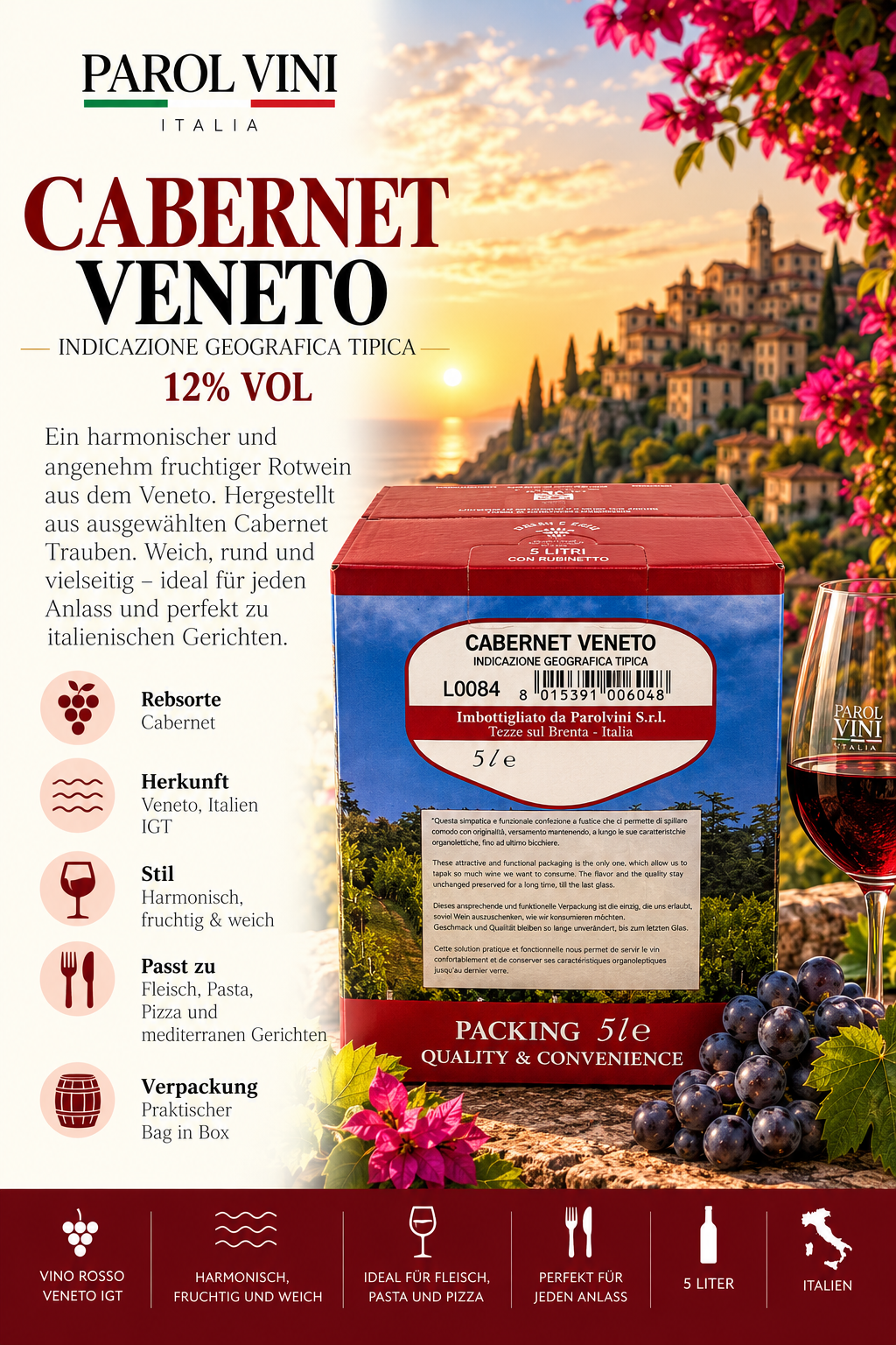 cabernet, wein, italien, flasche 5l, box packaging