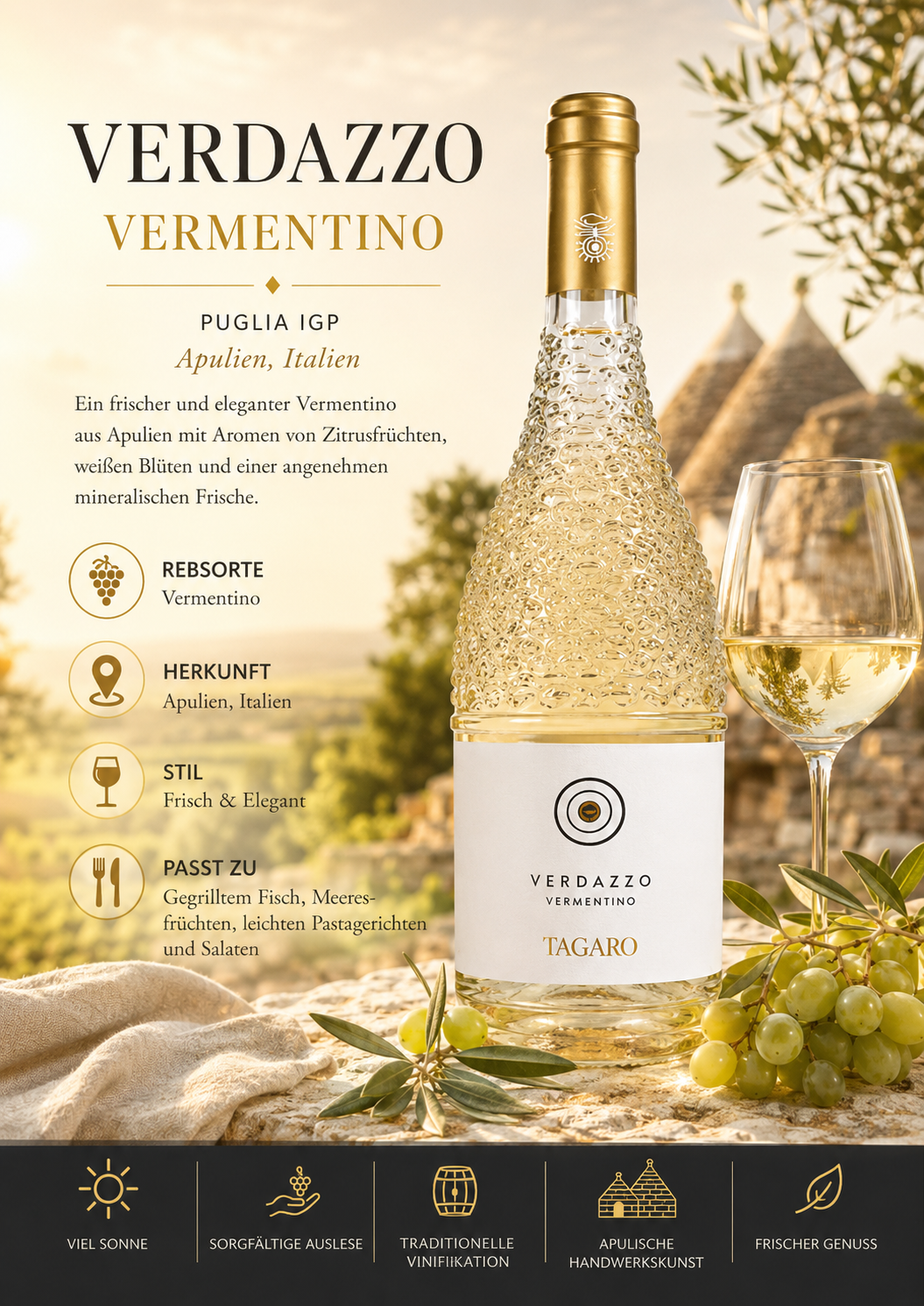 Vermentino, Weinflasche, Glaswein, Weinsorte, Tagaro Vermentino