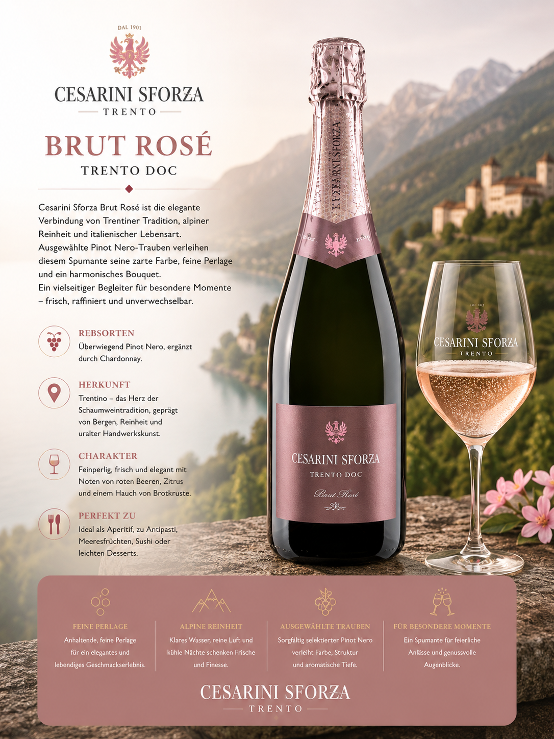 Champagne, Rosé, Brut Rosé, Trento, Flasche