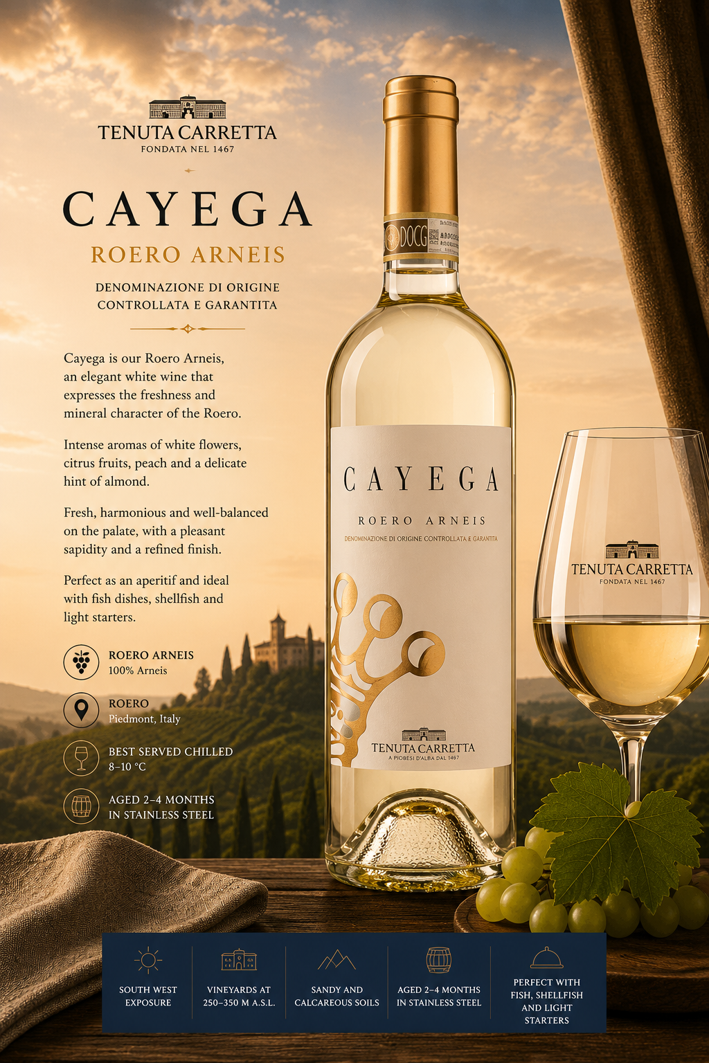 Weißwein, Roero Arneis, Cayega, Weinflasche, Glasware
