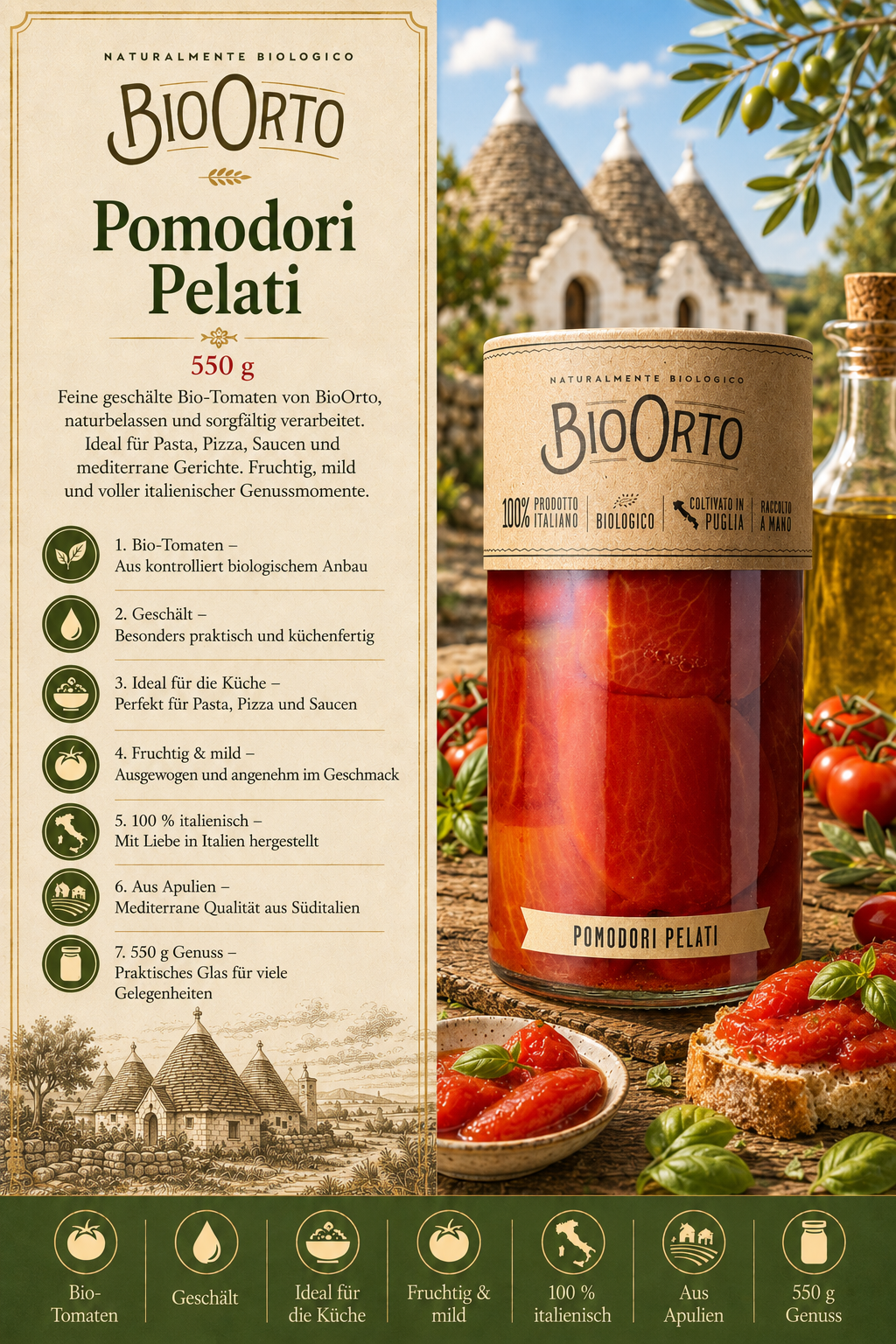 Tomate, Tomates pelées, Bio Orto, Vorratsglas, Italienisch