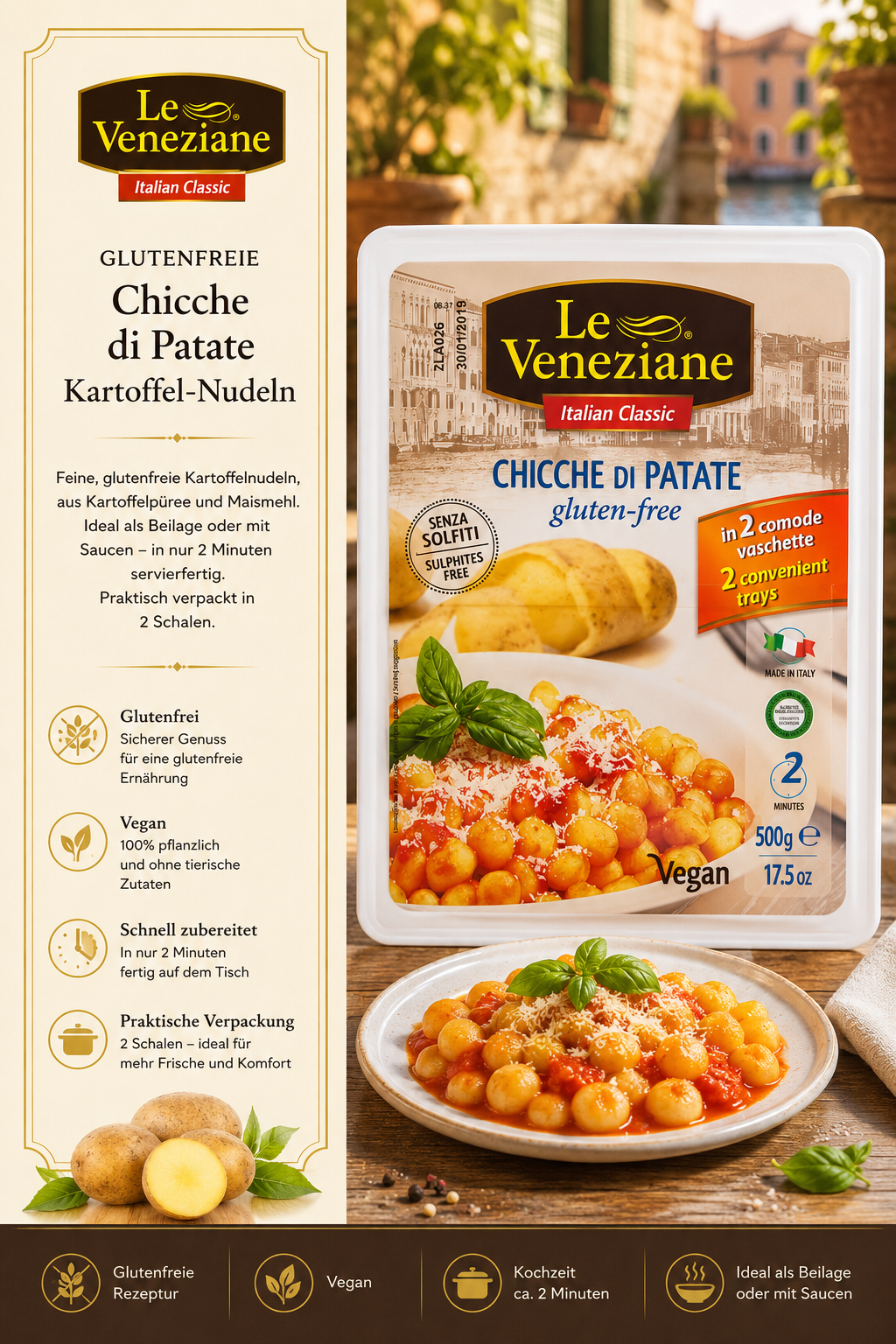 Chicche di patate, Kartoffel-Nudeln, glutenfrei, vegan, Le Veneziane