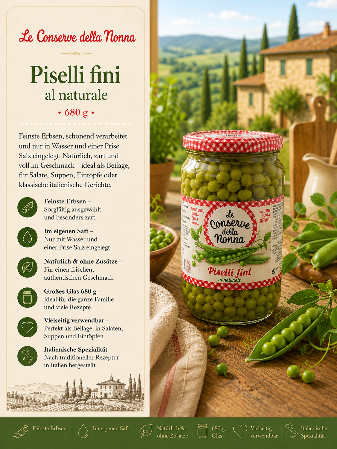 Piselli fin, glas jar, grüne Erbsen, naturbelassen, 680 g