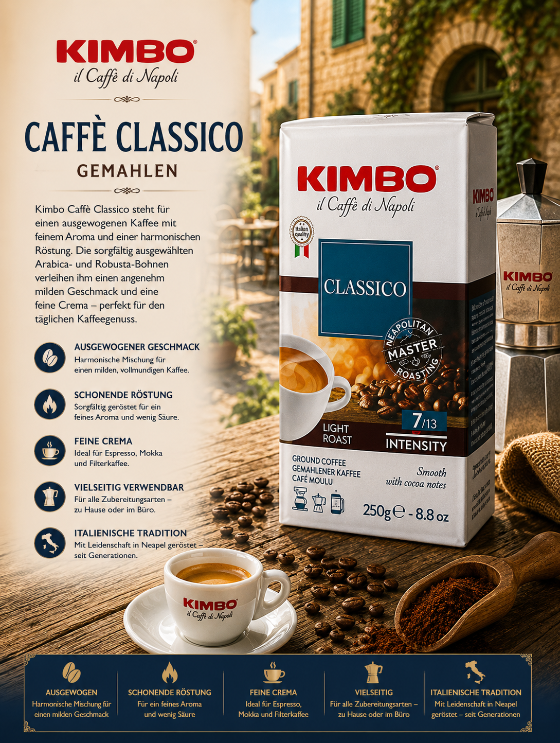 Kaffee, Gemahlener Kaffee, KIMBO, Classico, Intensität