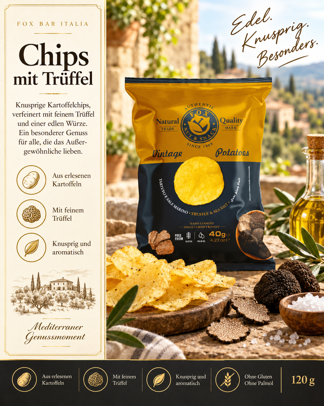 Kartoffelchips, Trüffel, Knusprig, Mediterraner Genuss, Vintage Potatoes